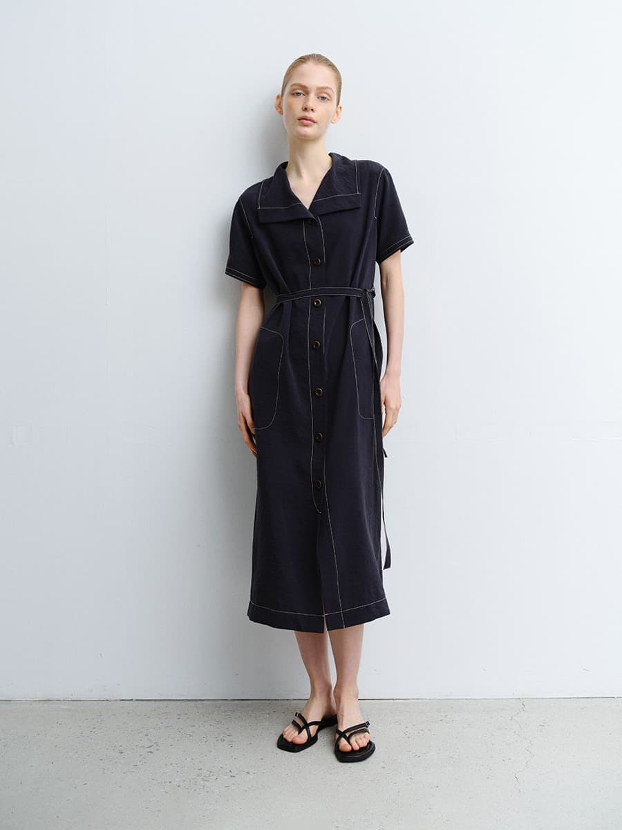 TVR WASHED SILK COLLAR DRESS_D-NAVY — vue 2