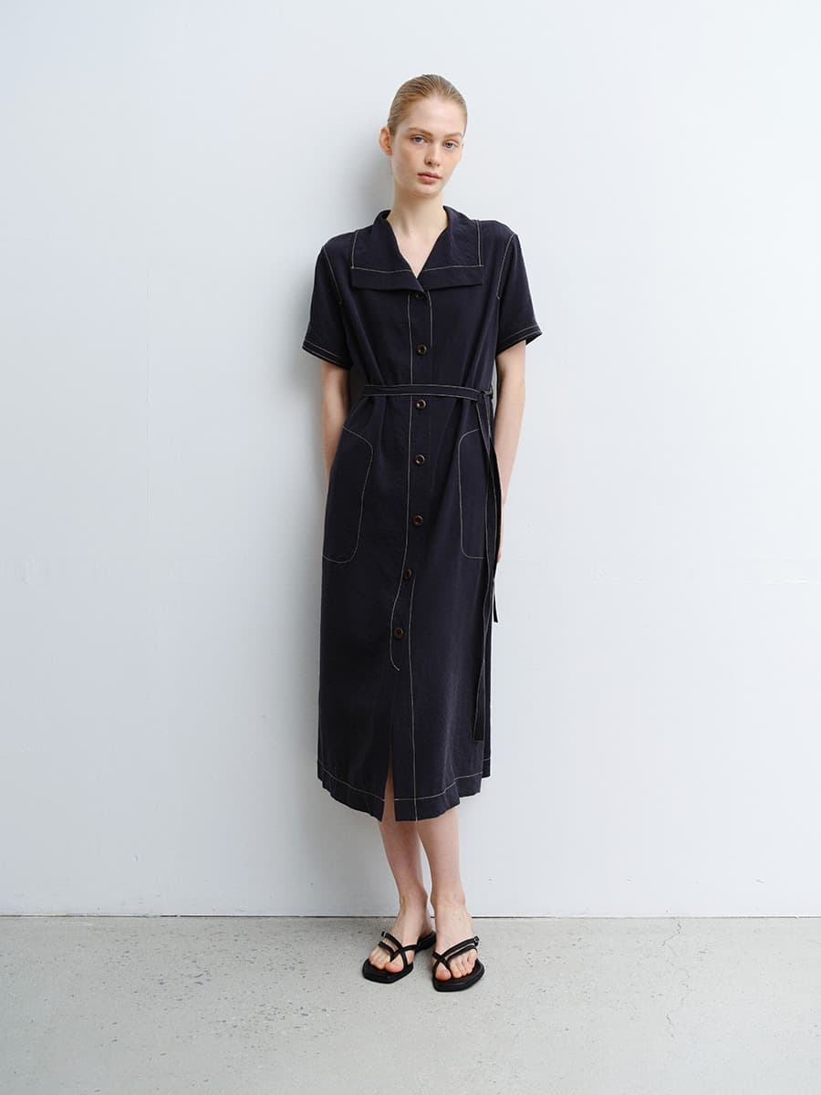 TVR WASHED SILK COLLAR DRESS_D-NAVY — vue 1