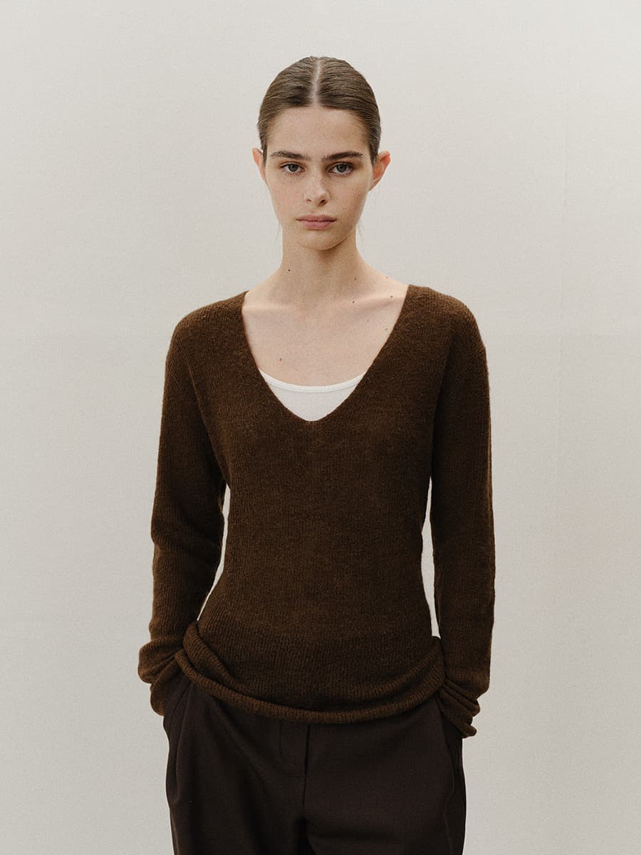 TVF DEEP V-NECK SLIM KNIT TOP_BROWN — vue 1