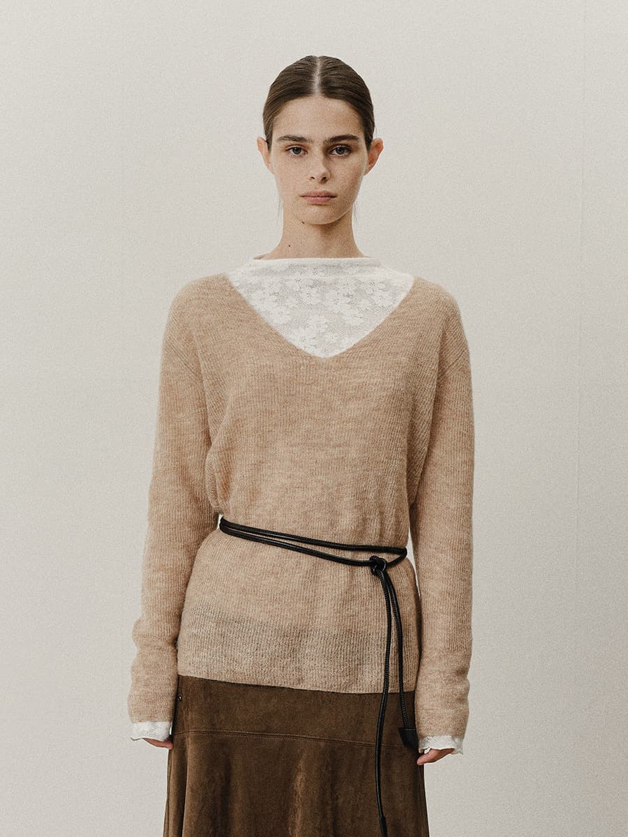 TVF DEEP V-NECK SLIM KNIT TOP_BEIGE — vue 2