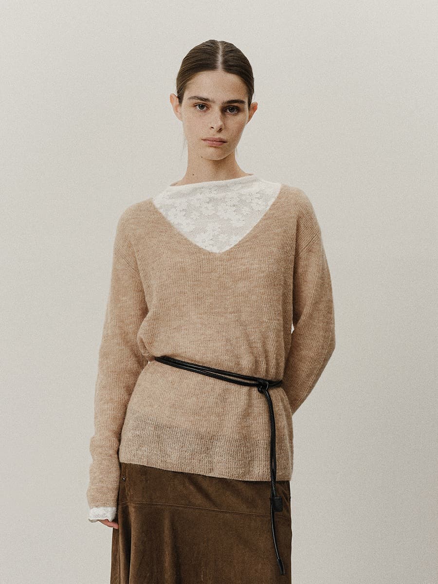 TVF DEEP V-NECK SLIM KNIT TOP_BEIGE — vue 1