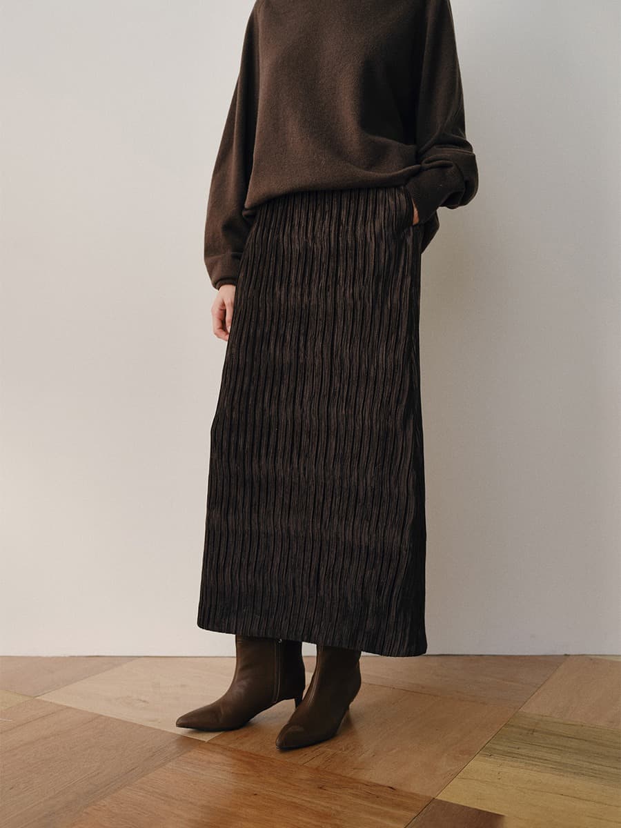 TVW WRINKLE VELVET SKIRT_BROWN — vue 2