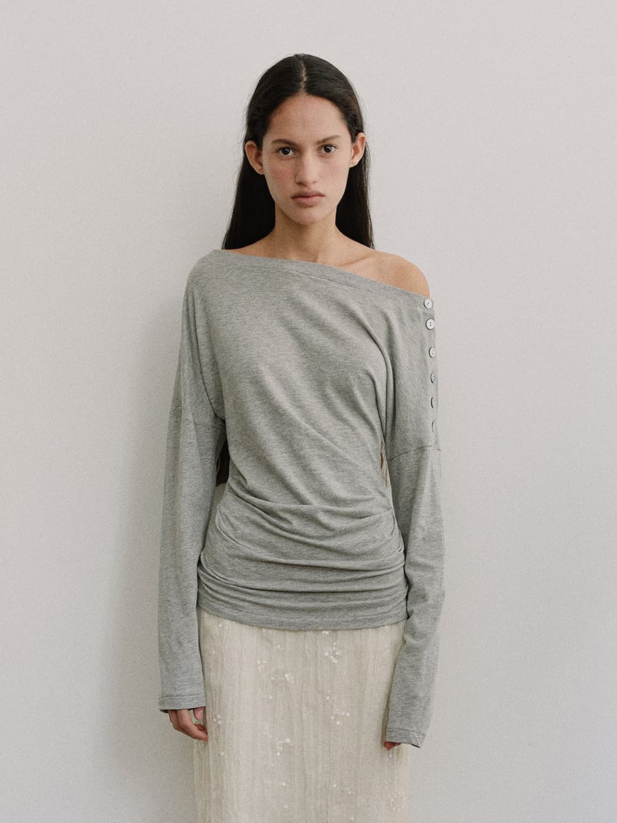 TIS BUTTON OFF-SHOULDER TOP_ M-GREY — vue 2