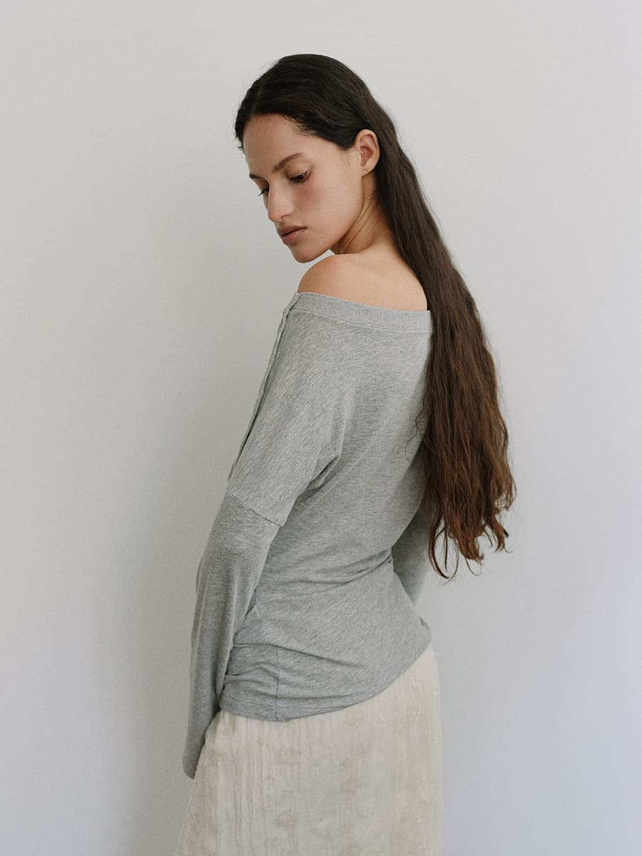 TIS BUTTON OFF-SHOULDER TOP_ M-GREY — vue 6