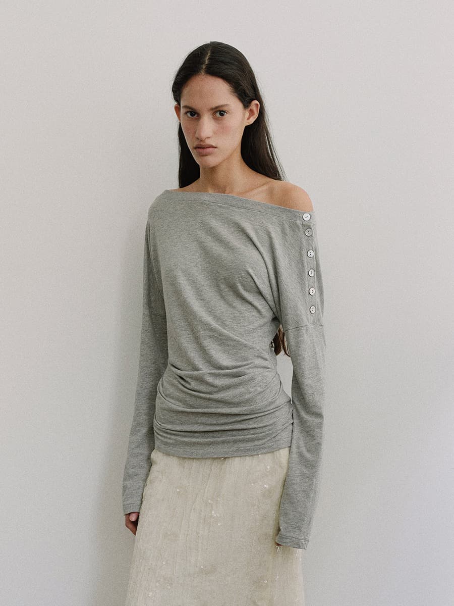 TIS BUTTON OFF-SHOULDER TOP_ M-GREY — vue 1
