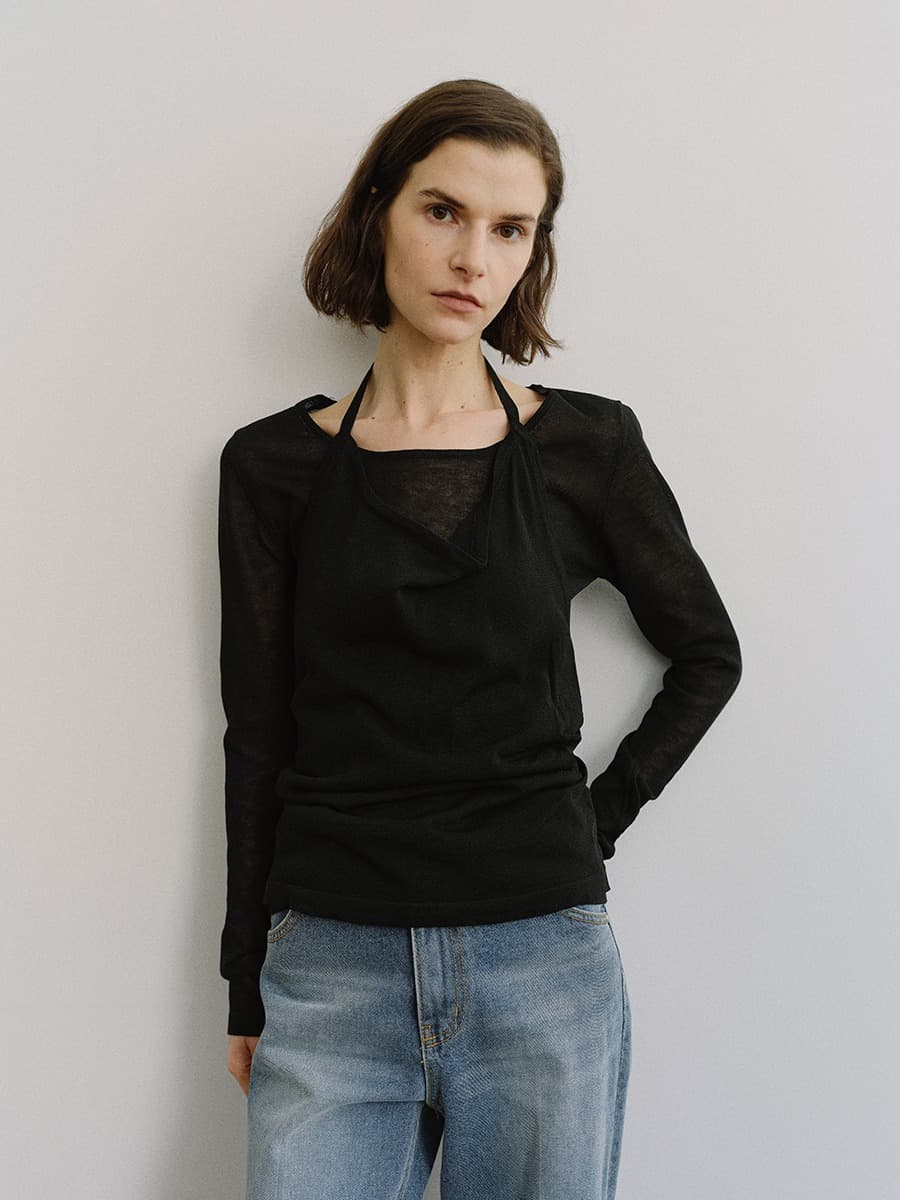 TIS HALTER LAYERED KNIT TOP_BLACK — vue 3