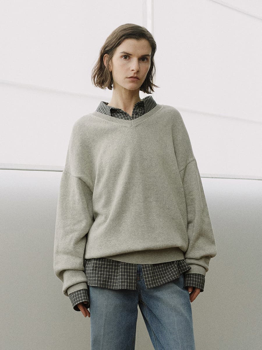TIS CASHMERE V-NECK KNIT_M-GREY — vue 1