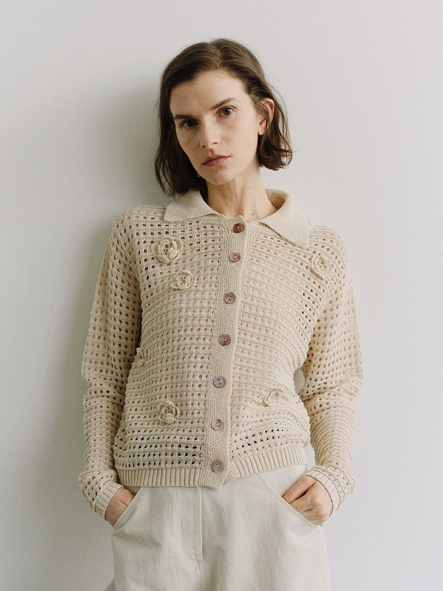 TIS FLORAL NETTING KNIT CARDIGAN_NATURAL — vue 1