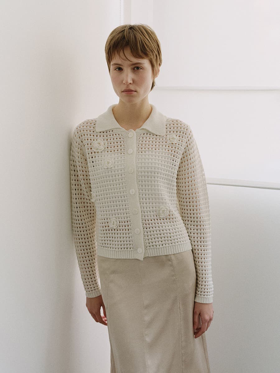 TIS FLORAL NETTING KNIT CARDIGAN_WHITE — vue 2