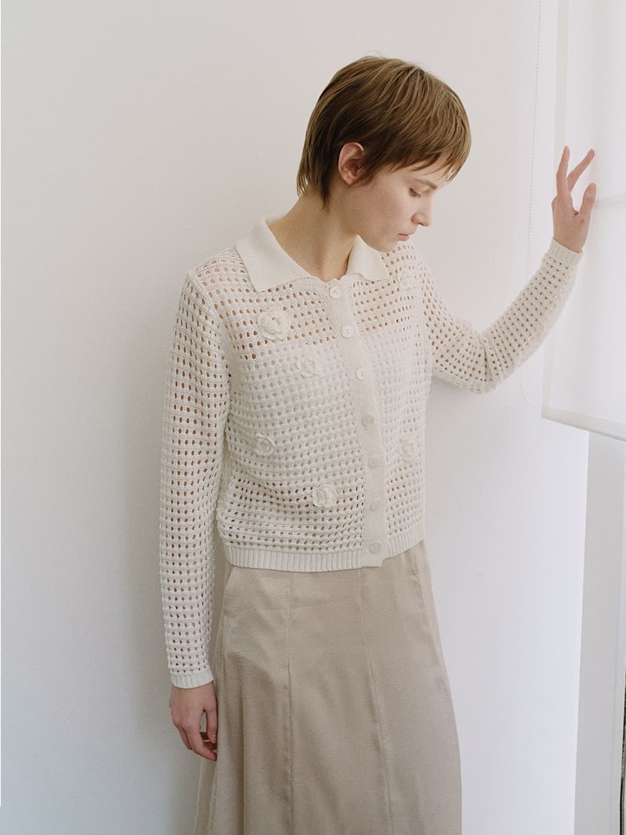 TIS FLORAL NETTING KNIT CARDIGAN_WHITE — vue 4