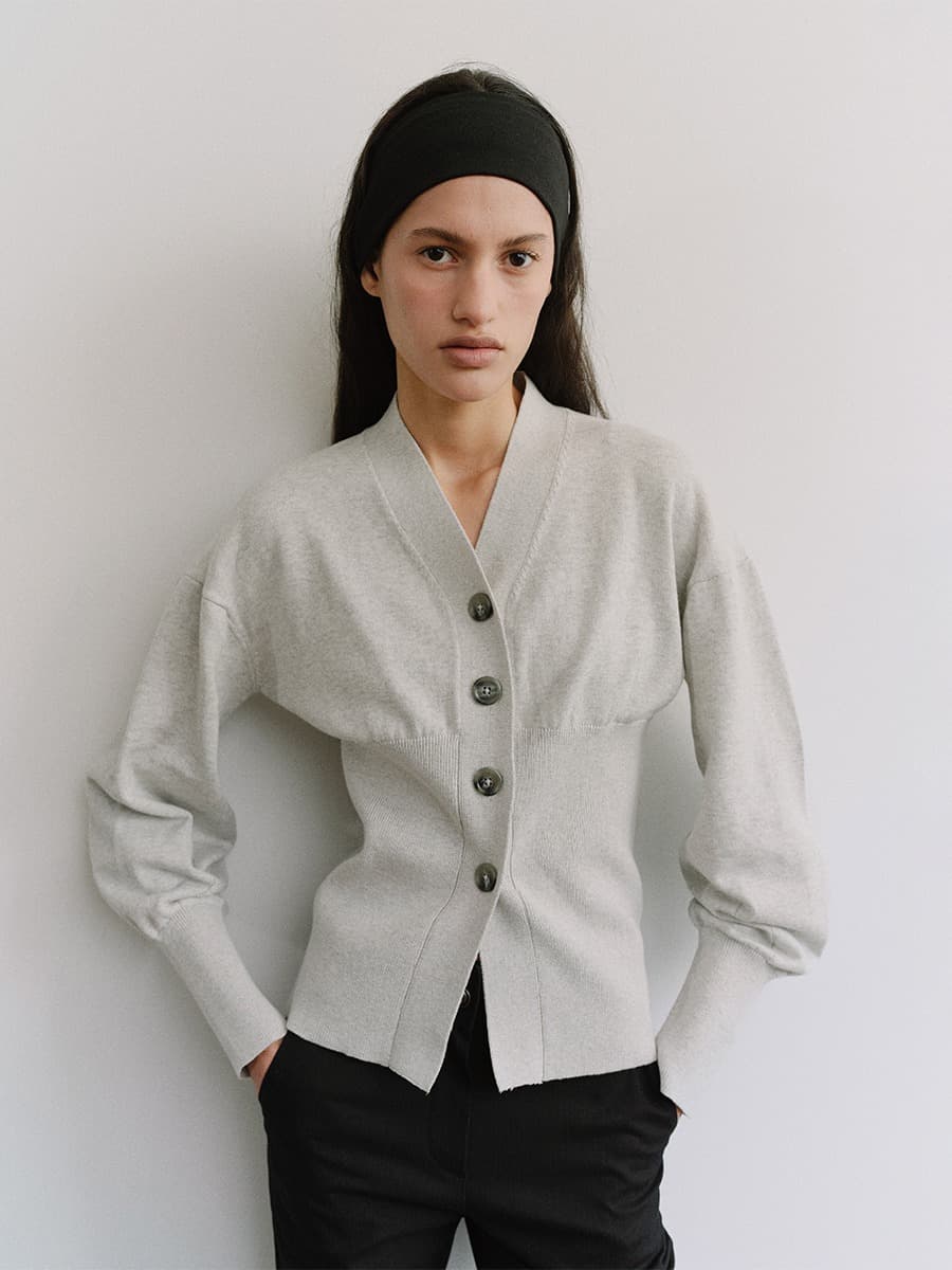 TIS COTTON CASHMERE V-NECK KNIT CARDIGAN_L-GREY — vue 4