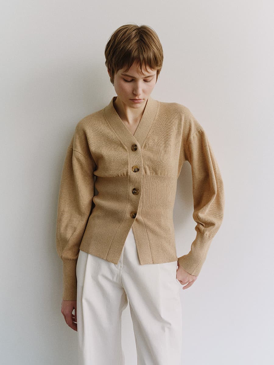 TIS COTTON CASHMERE V-NECK KNIT CARDIGAN_BEIGE — vue 4