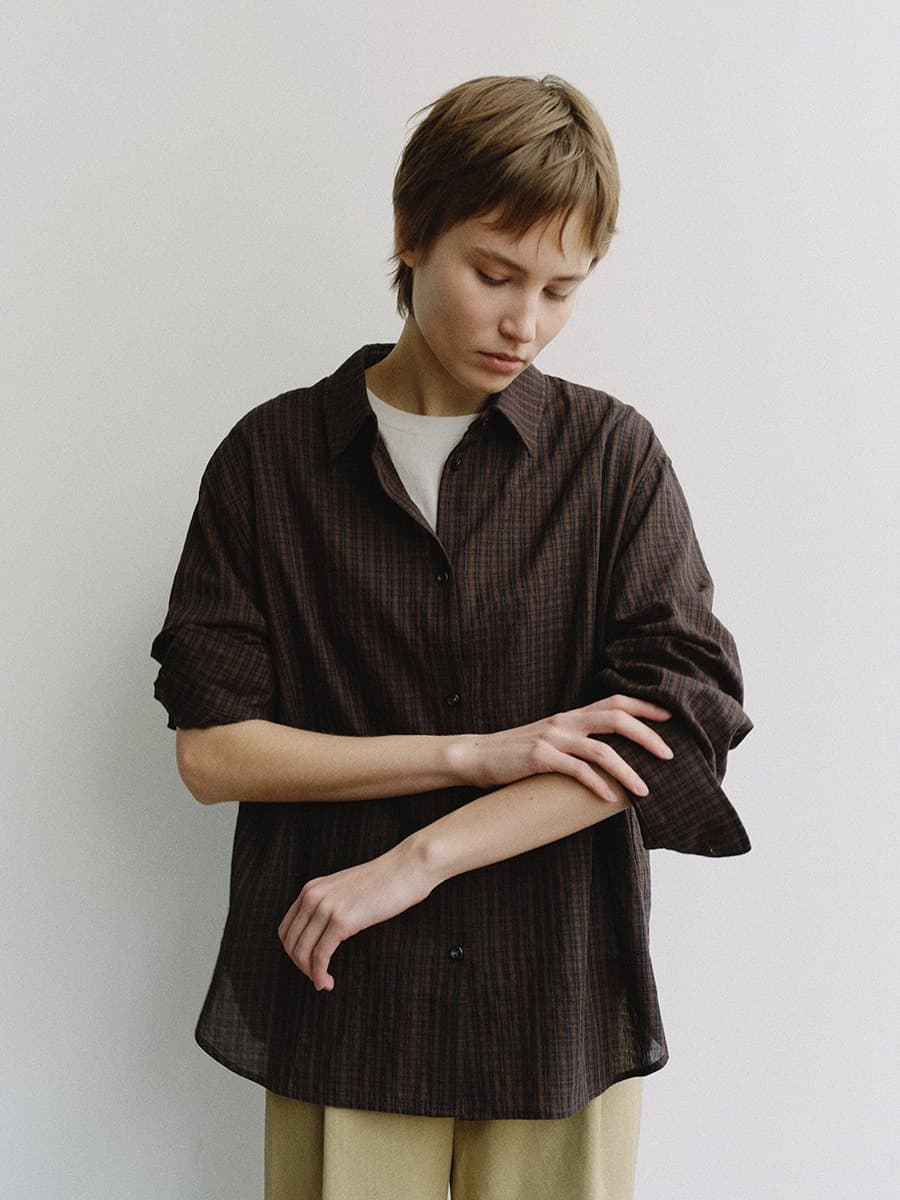 TIS CHECK OVERFIT SHIRT_BROWN — vue 2