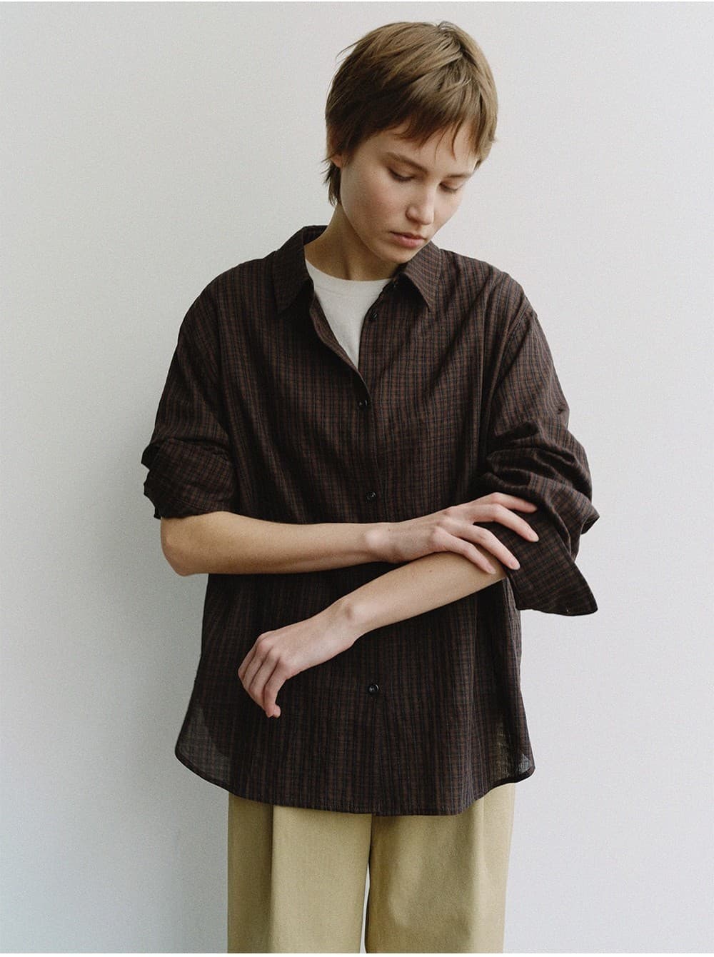 TIS CHECK OVERFIT SHIRT_BROWN — vue 11
