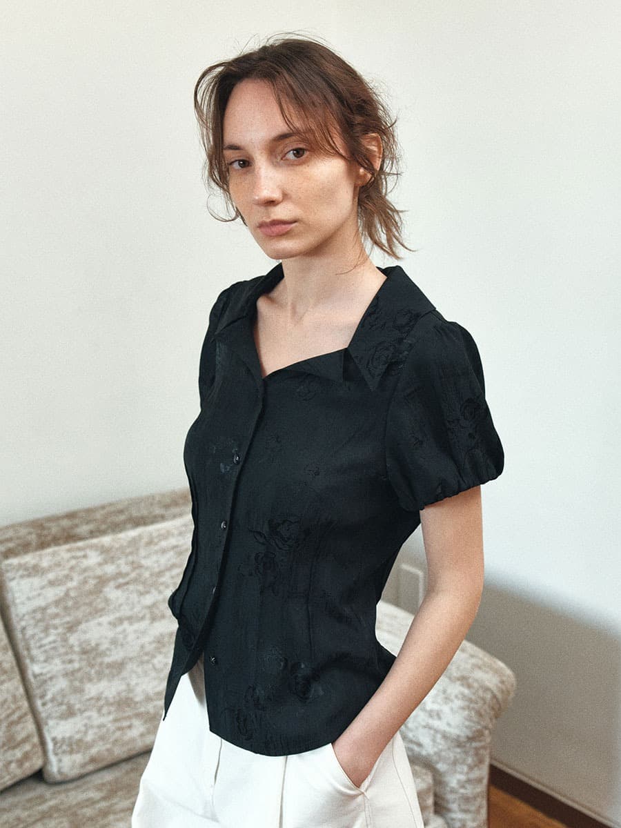 TIS JACQUARD PUFF BLOUSE_BLACK — vue 2