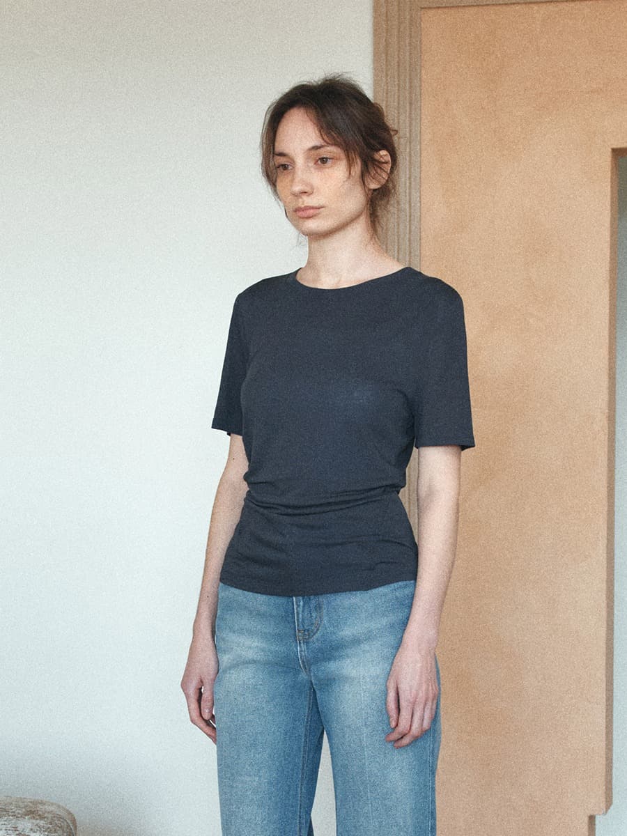 TIR DRAPED TUCK ASYMMETRIC SILK-BLEND TOP_CHARCOAL — vue 3