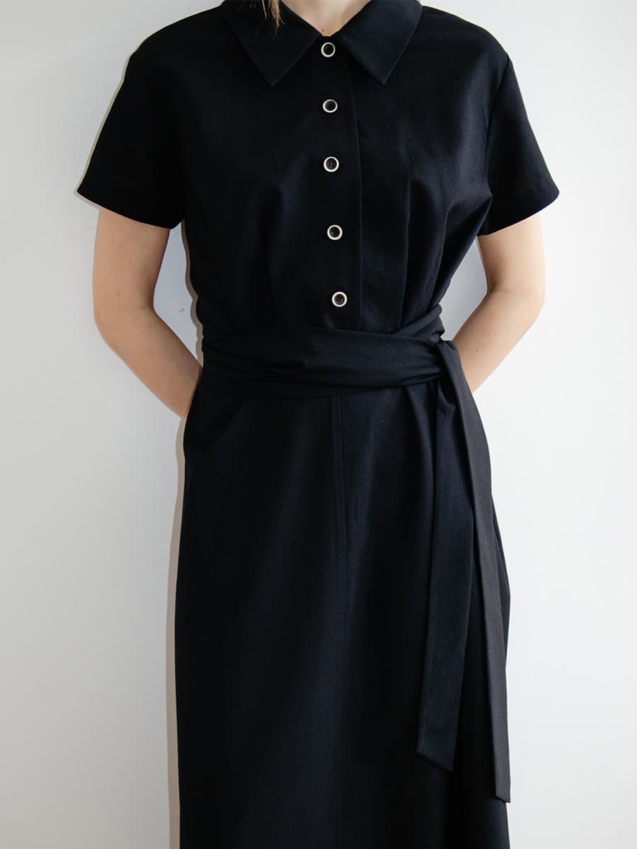 TIR TIE WAIST COLLAR DRESS_D-NAVY — vue 2