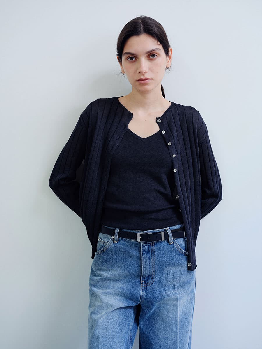 TIR RIB KNIT CARDIGAN & SLEEVELESS SET_DEEP NAVY — vue 2