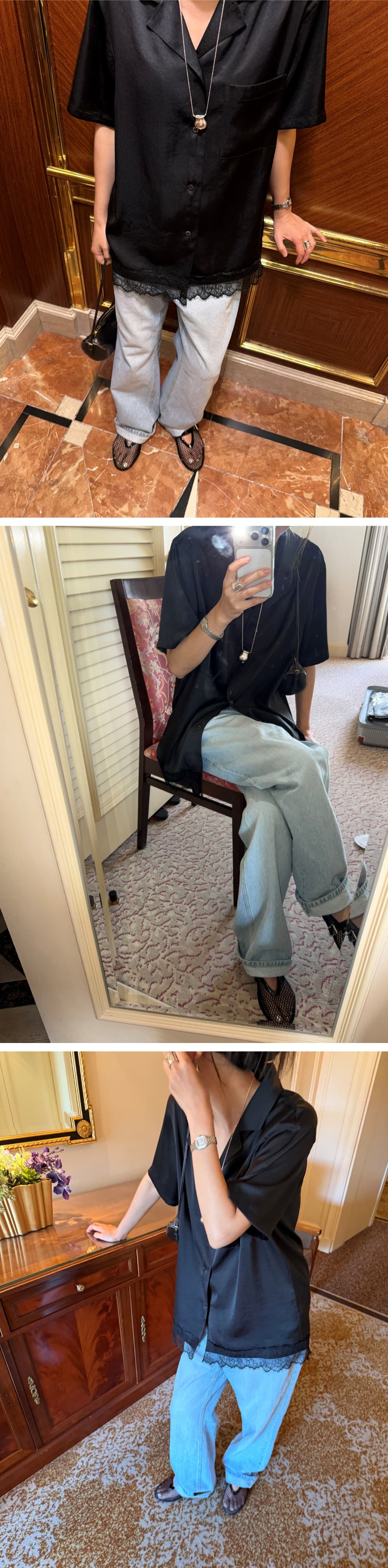 ETE SATIN HALF SHIRT - BLACK — vue 2