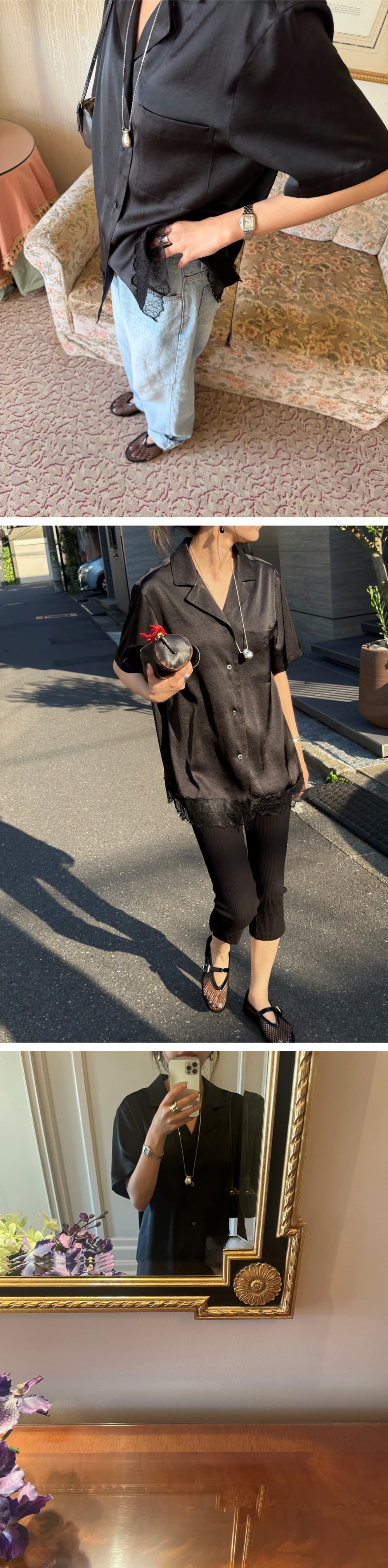 ETE SATIN HALF SHIRT - BLACK — vue 3