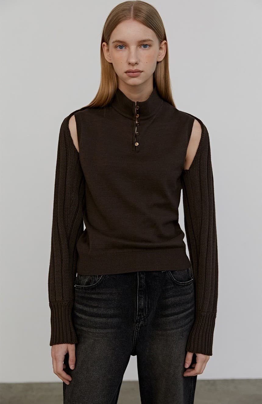 Button Sleeveless Bolero Set (Brown) — vue 10