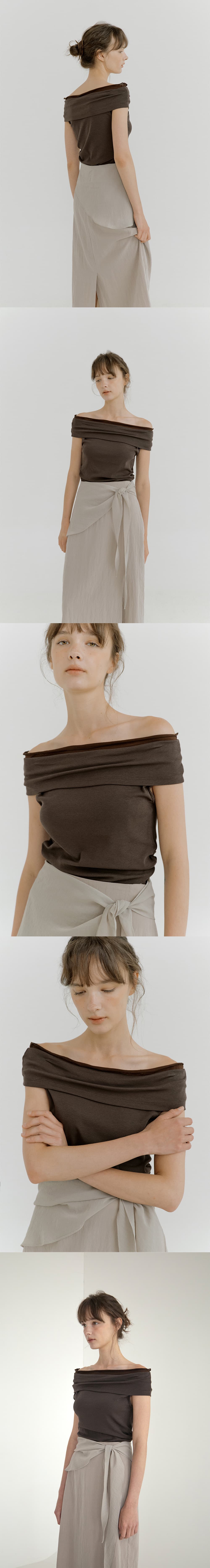 chiffon off-shoulder T-shirt (brown) orc 6073 — vue 7