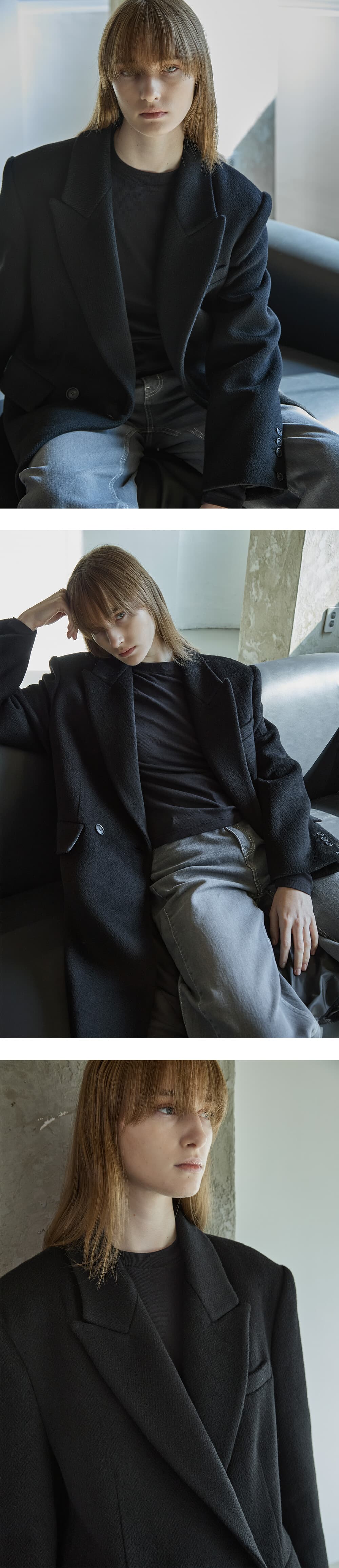 Silk blended herringbone overfit coat - Black — vue 5