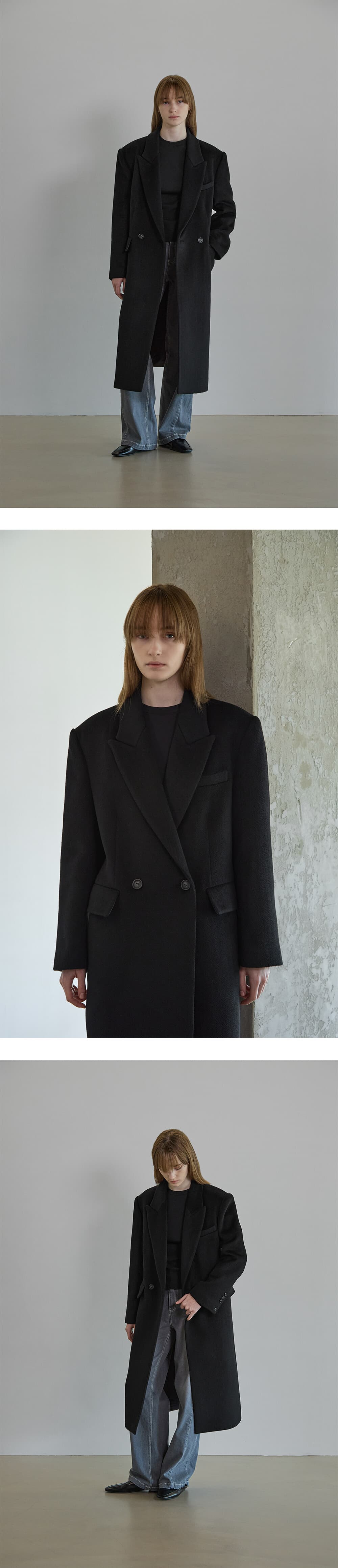 Silk blended herringbone overfit coat - Black — vue 6