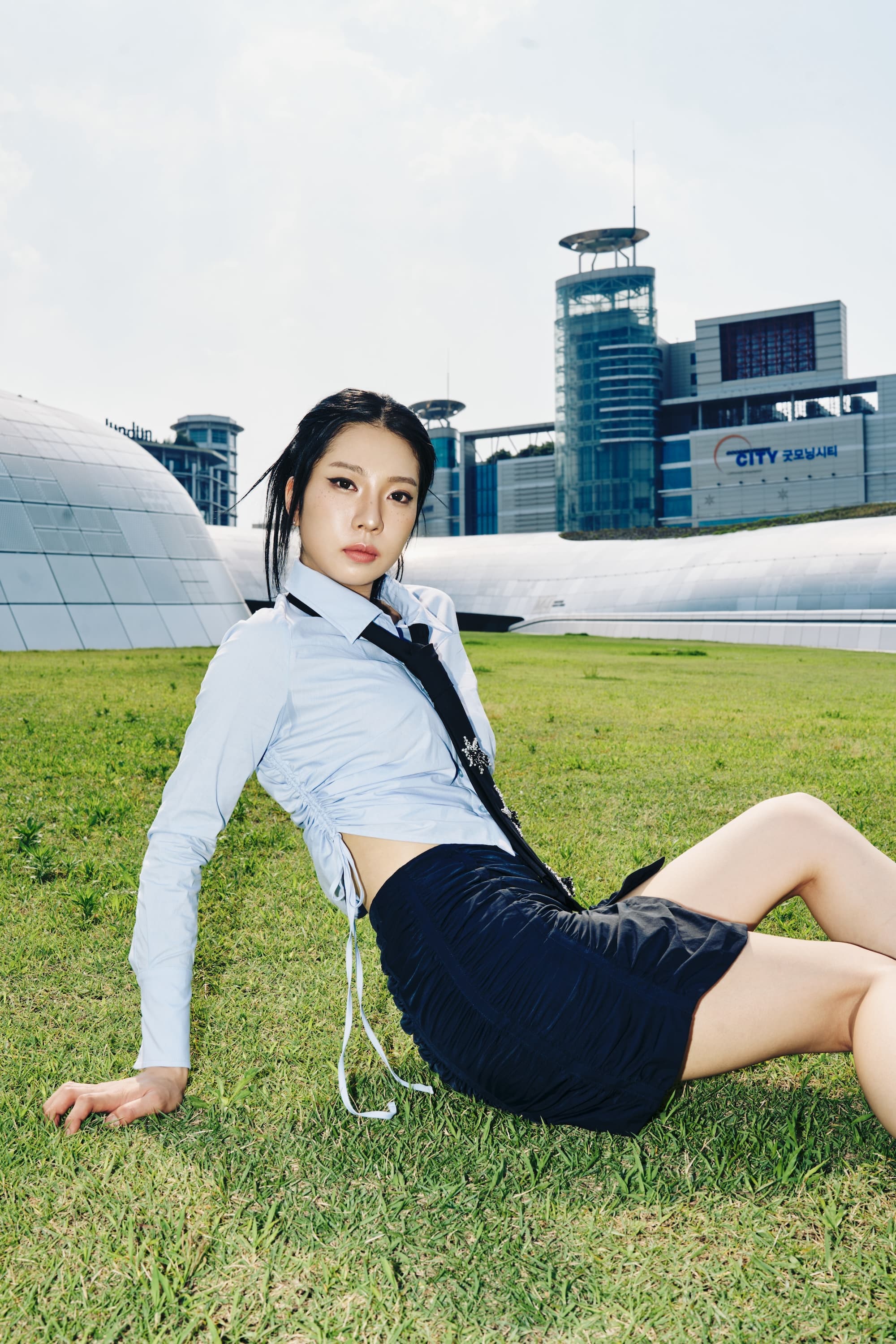Shirring Long Sleeve Shirt (Blue) — vue 2