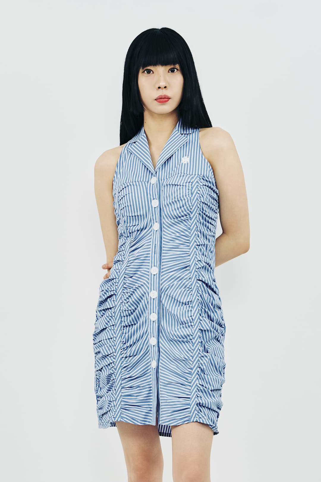 Shirring Mini Dress (Blue) — vue 1