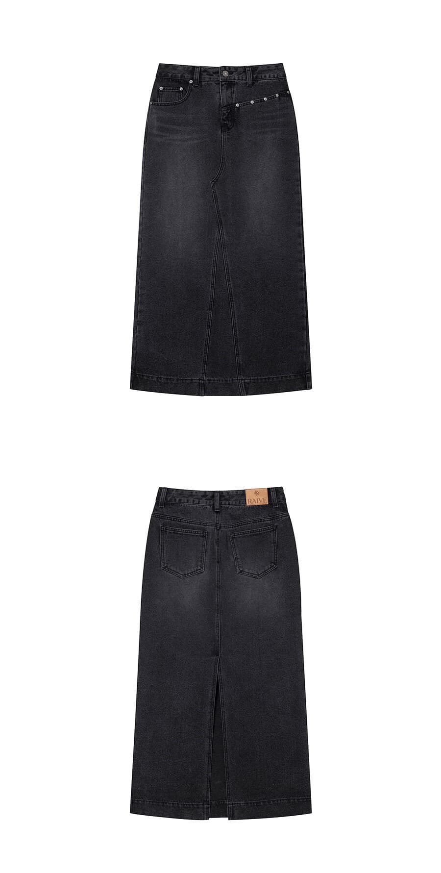 Rivet detail Long Denim Skirt in Black — vue 10