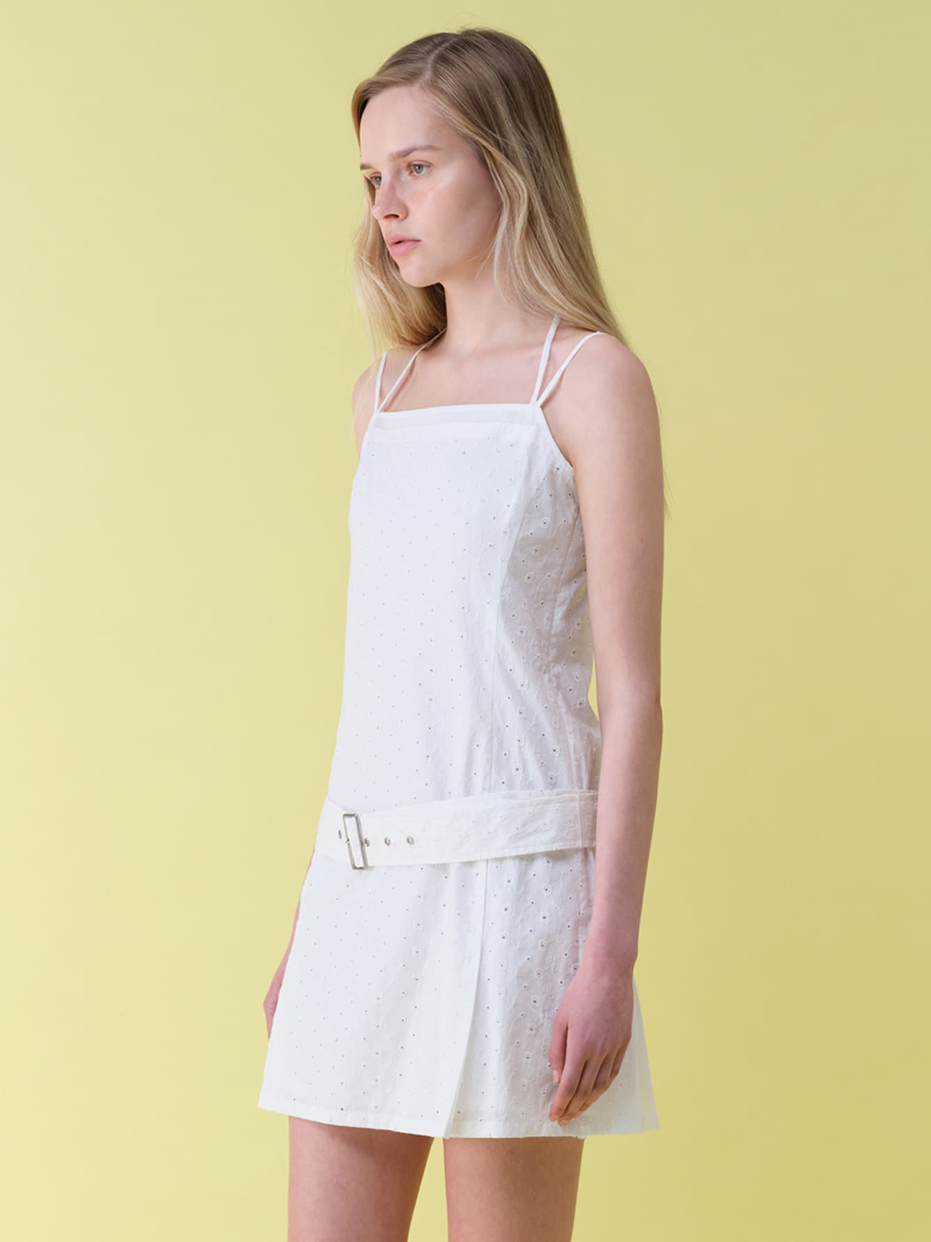 Embroidery Belted Dress in White — vue 2
