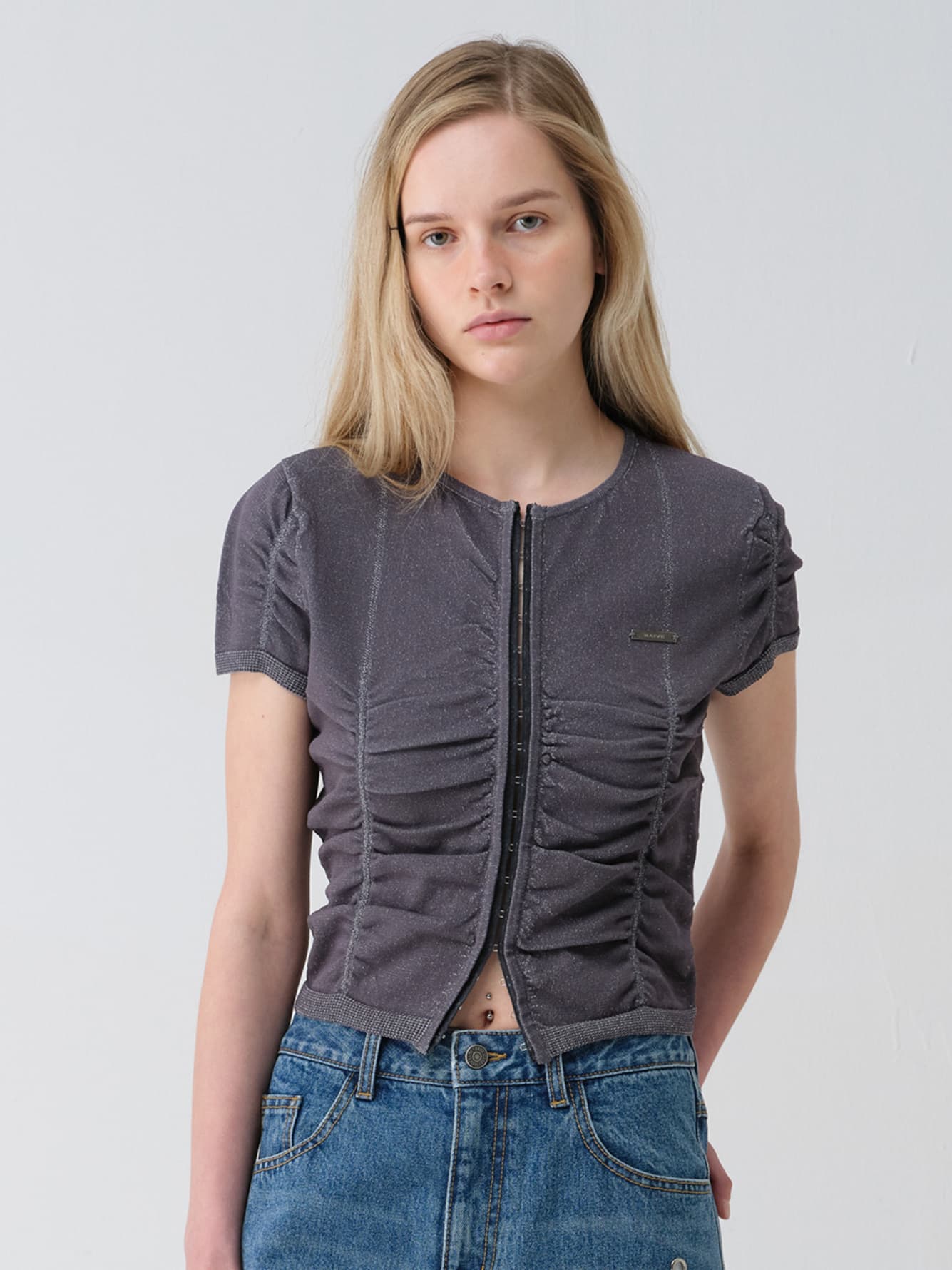 Hook-Front Shirring Knit Cardigan — vue 2