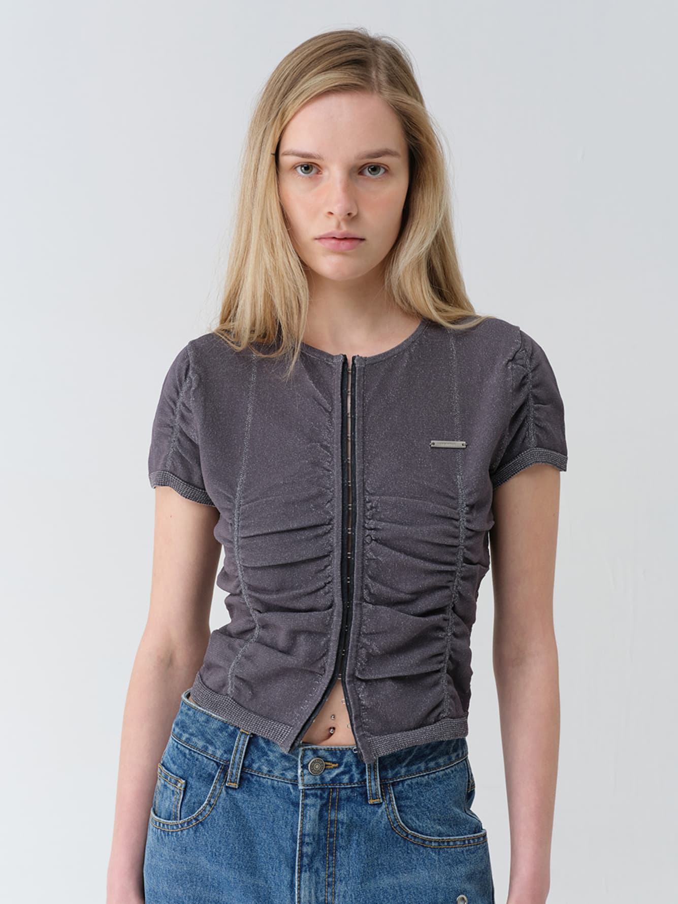 Hook-Front Shirring Knit Cardigan — vue 3