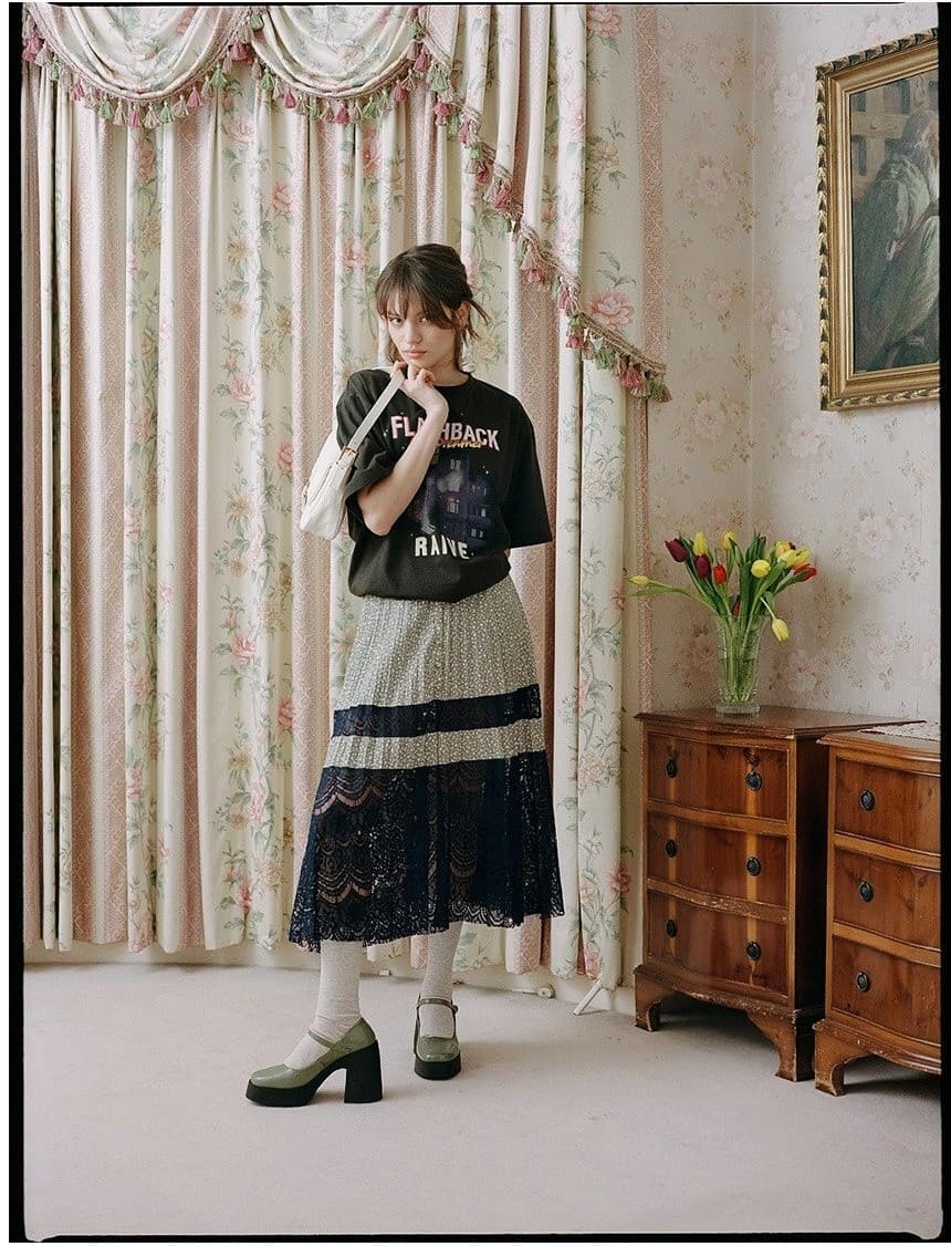 Dot Lace Pleated Skirt in D/Mint — vue 7