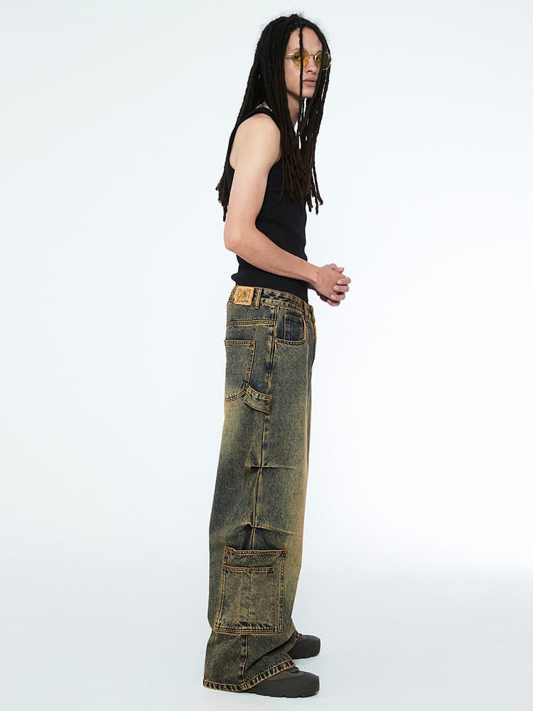 Multi Pocket Carpenter Wide Denim Pants Desert Blue — vue 3