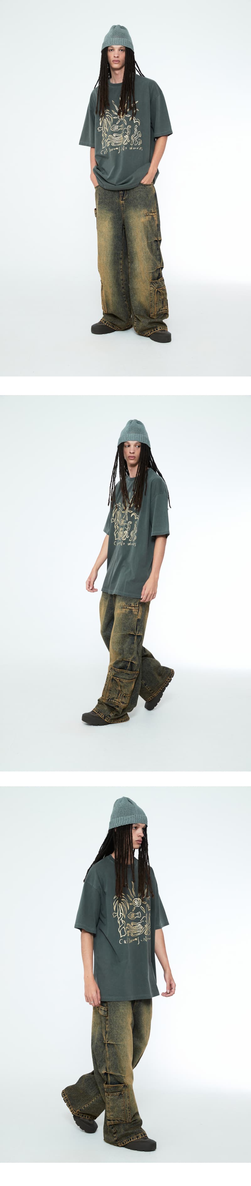 Multi Pocket Carpenter Wide Denim Pants Desert Blue — vue 6