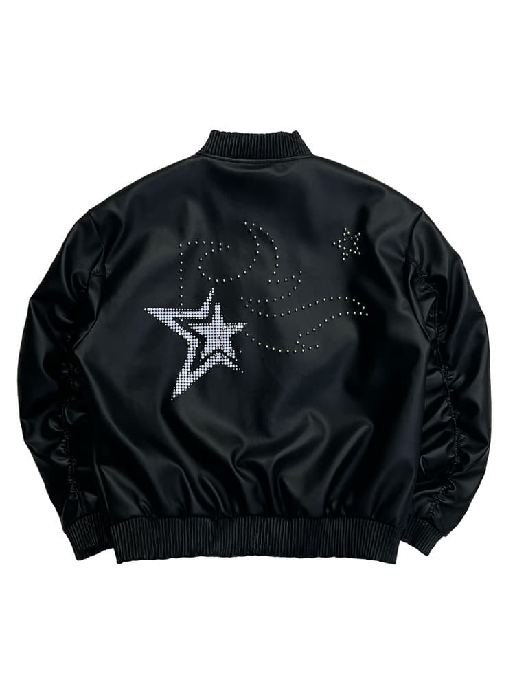Flame Stars Stud Bomber Vegan Leather Jacket — vue 1