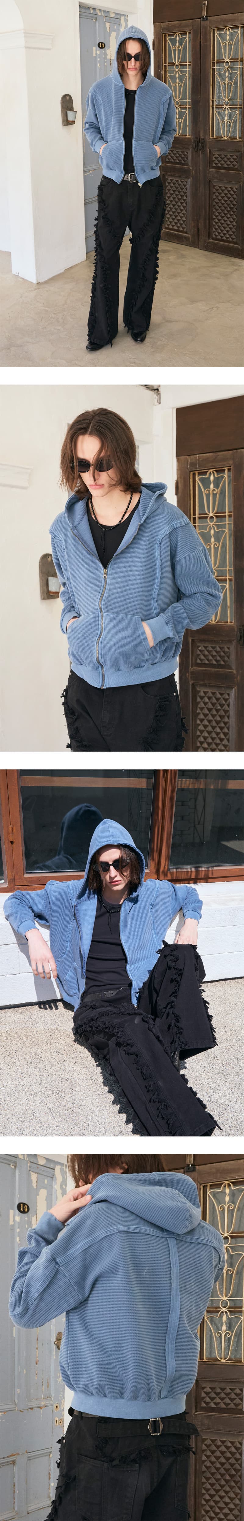 Raw Pigment Waffle Hood Zip Up Blue — vue 5