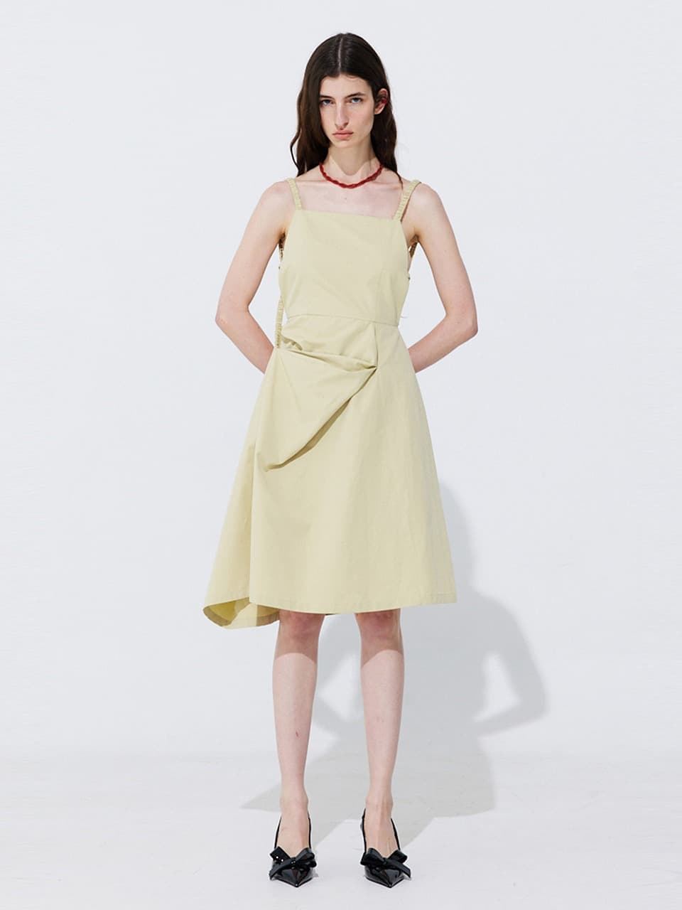 Shirring Back Line Layered Dress — Olive — vue 5