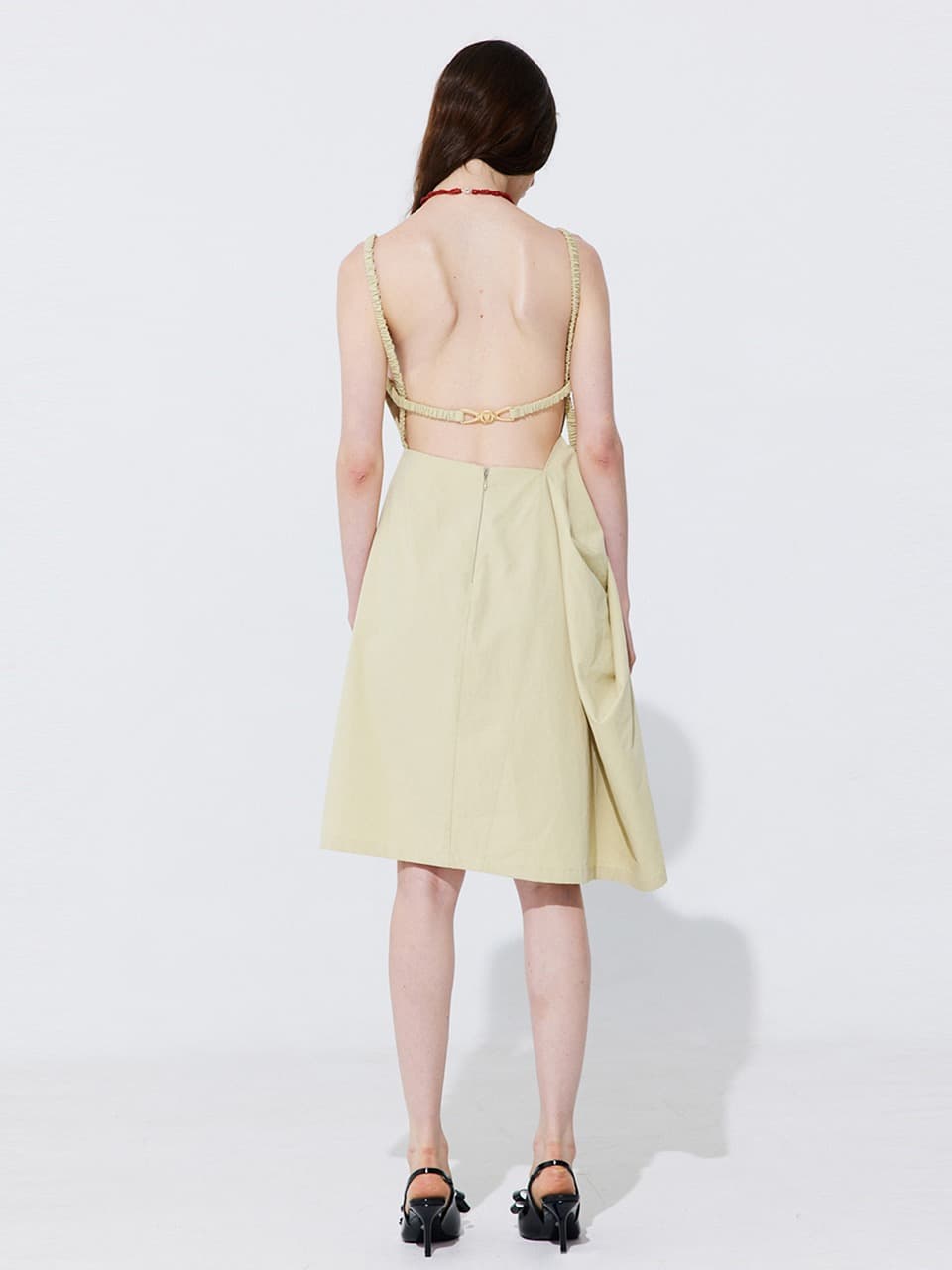 Shirring Back Line Layered Dress — Olive — vue 8