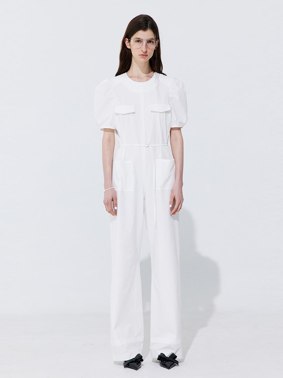 Puff Belted Jumpsuit — White — vue 5