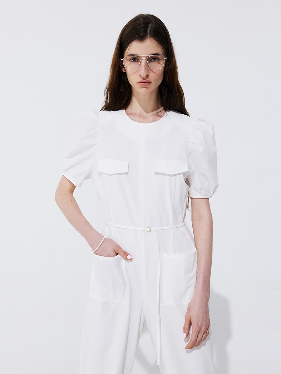Puff Belted Jumpsuit — White — vue 7
