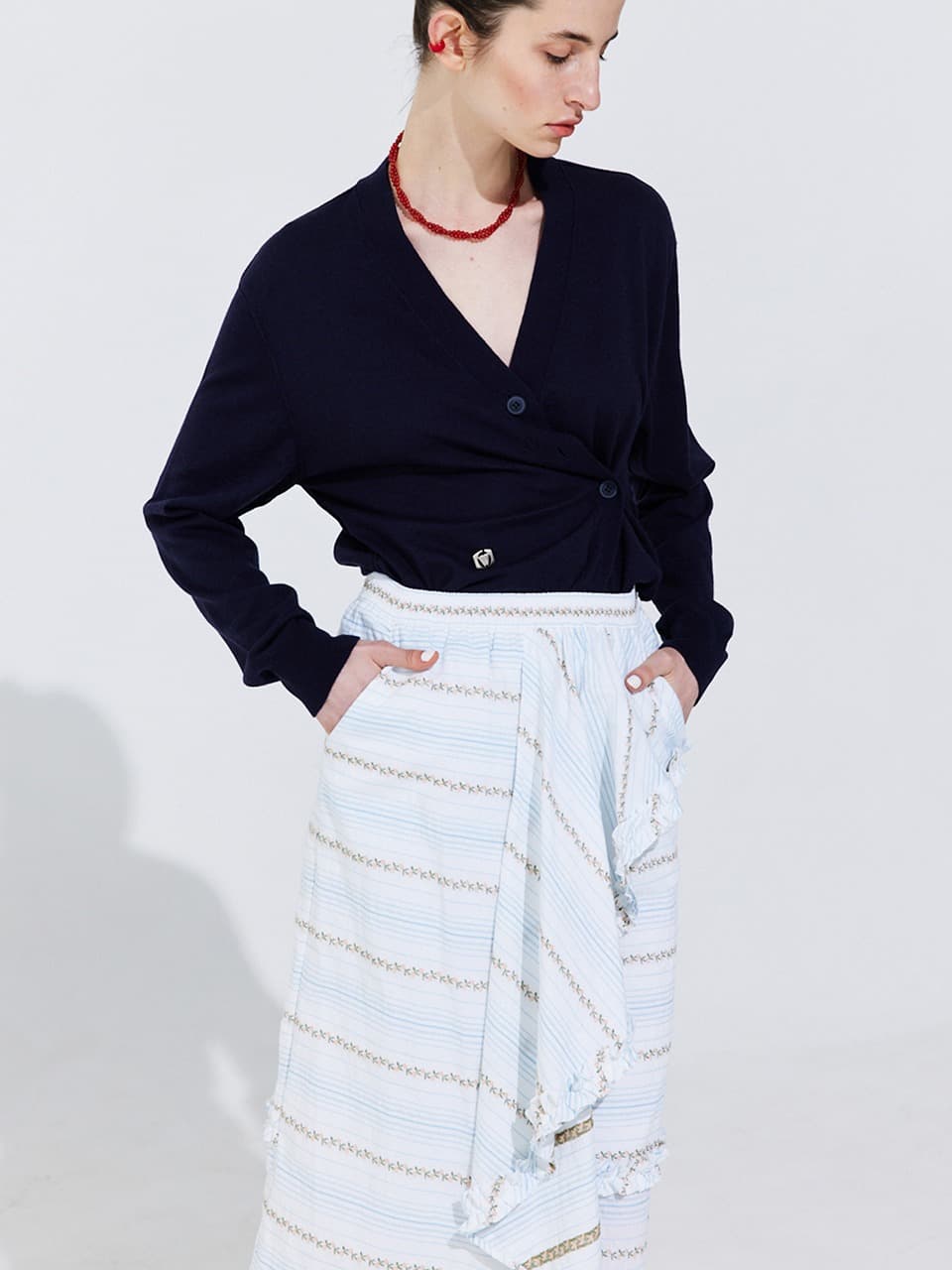 Floral Embroidery Banding Skirt — Light Blue — vue 2