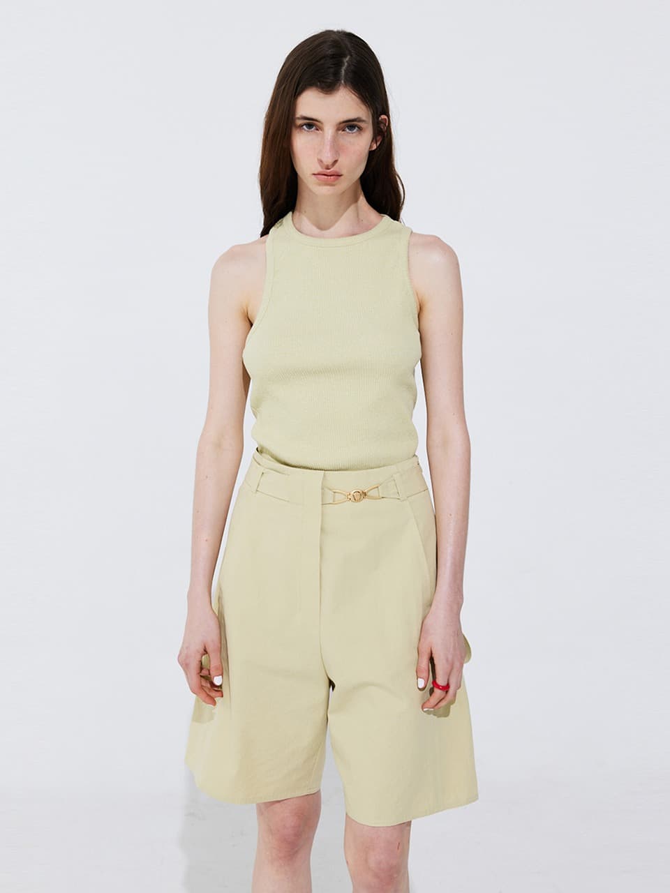 Belted Cotton Bermuda Pants — Olive — vue 1