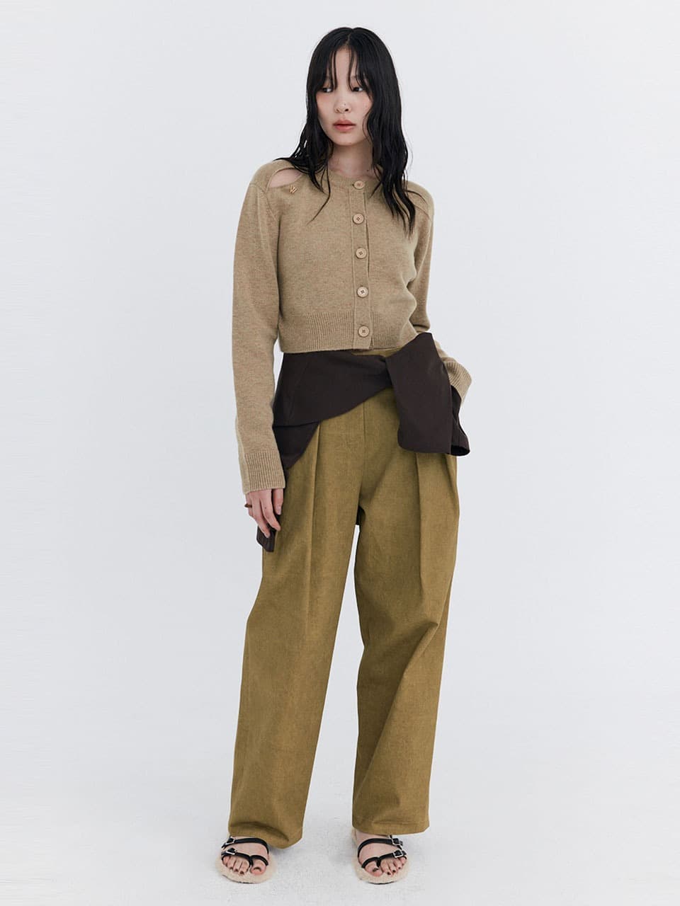 Open Point Crop Knit Cardigan — Beige — vue 1