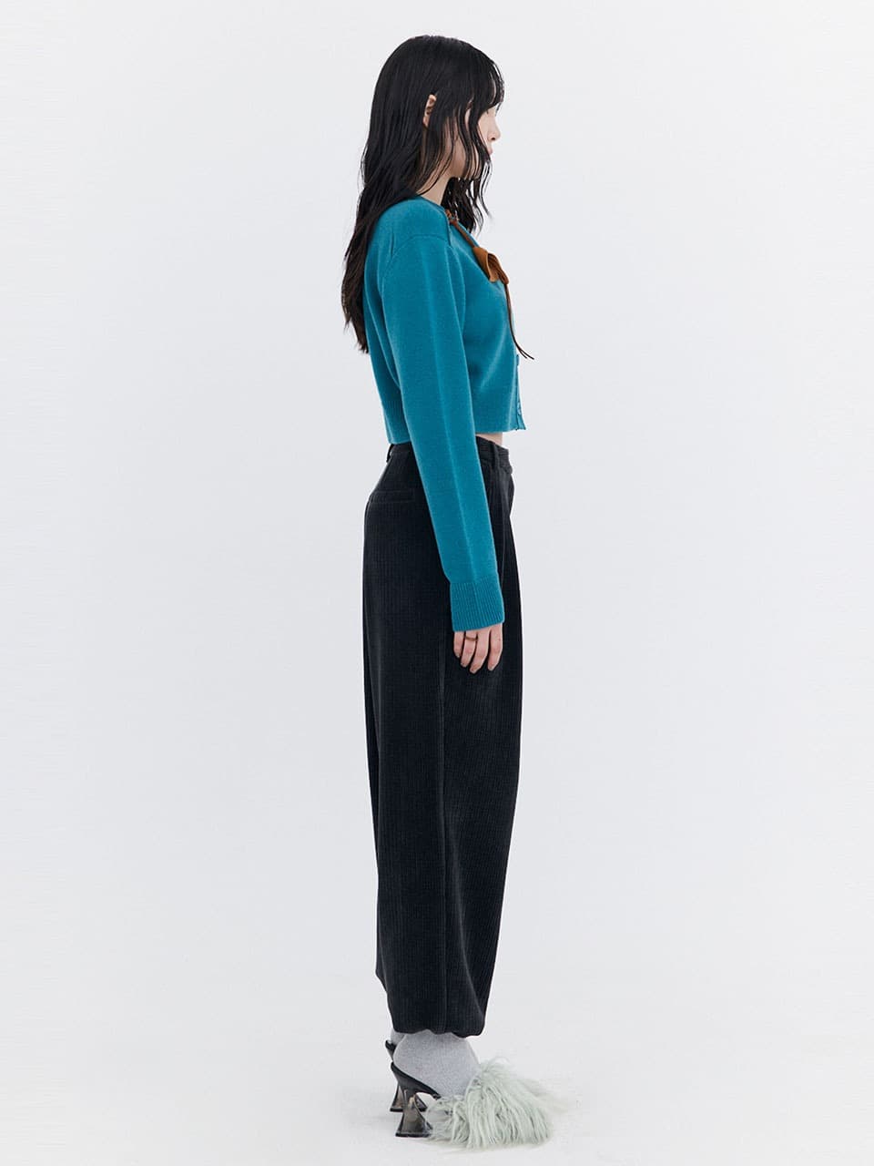 Open Point Crop Knit Cardigan — Turquoise Blue — vue 3
