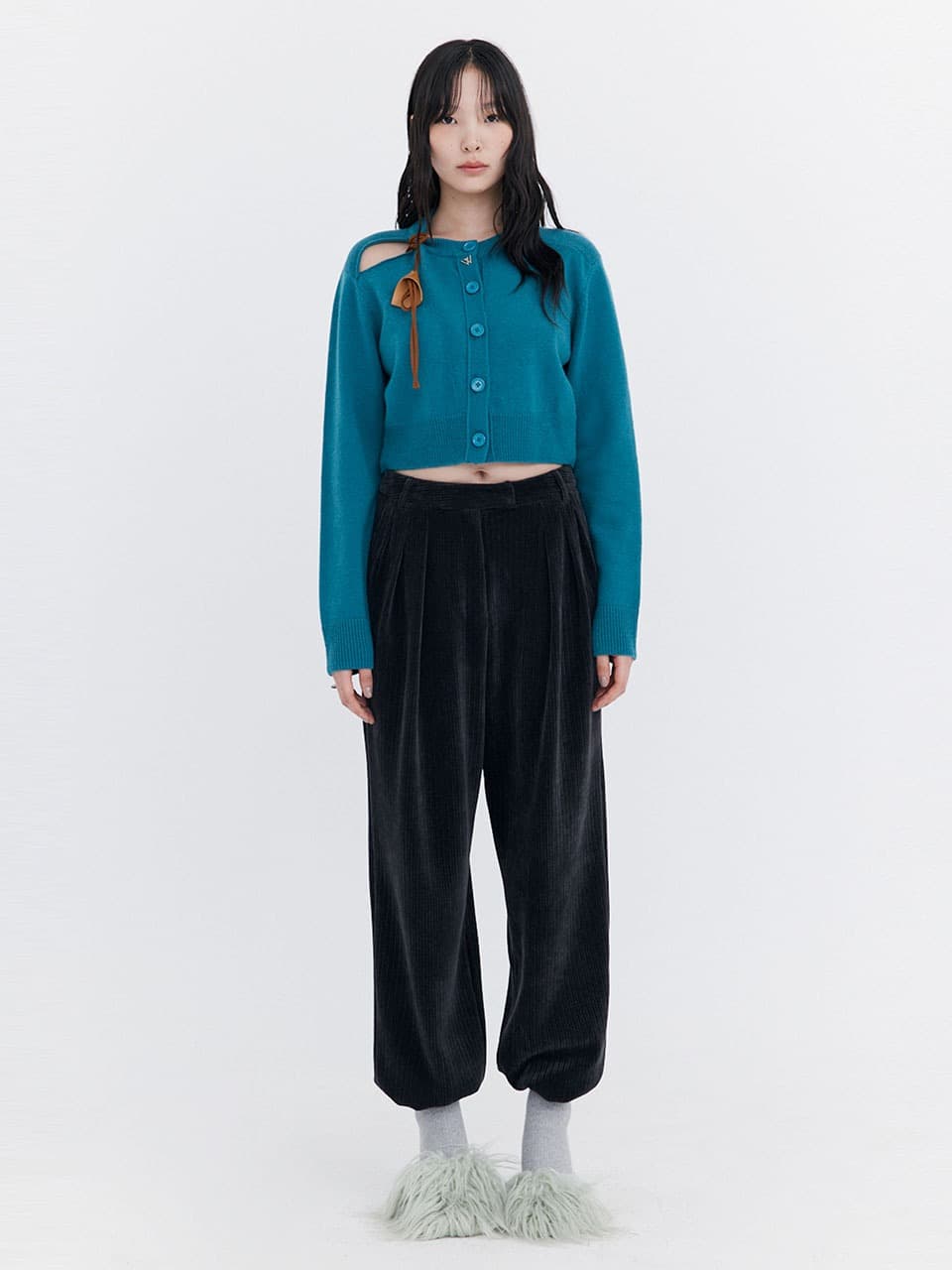 Open Point Crop Knit Cardigan — Turquoise Blue — vue 4