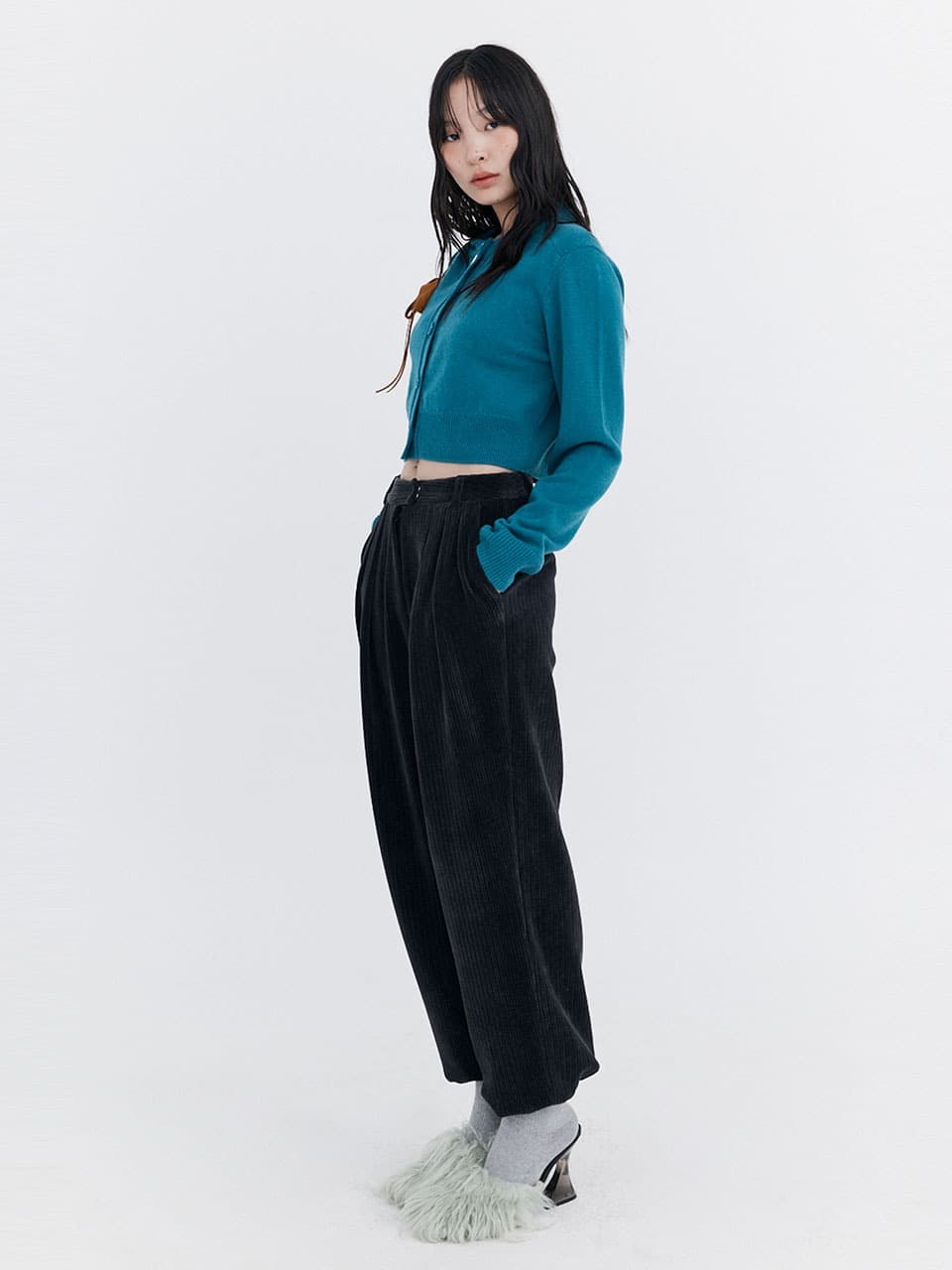 Open Point Crop Knit Cardigan — Turquoise Blue — vue 6