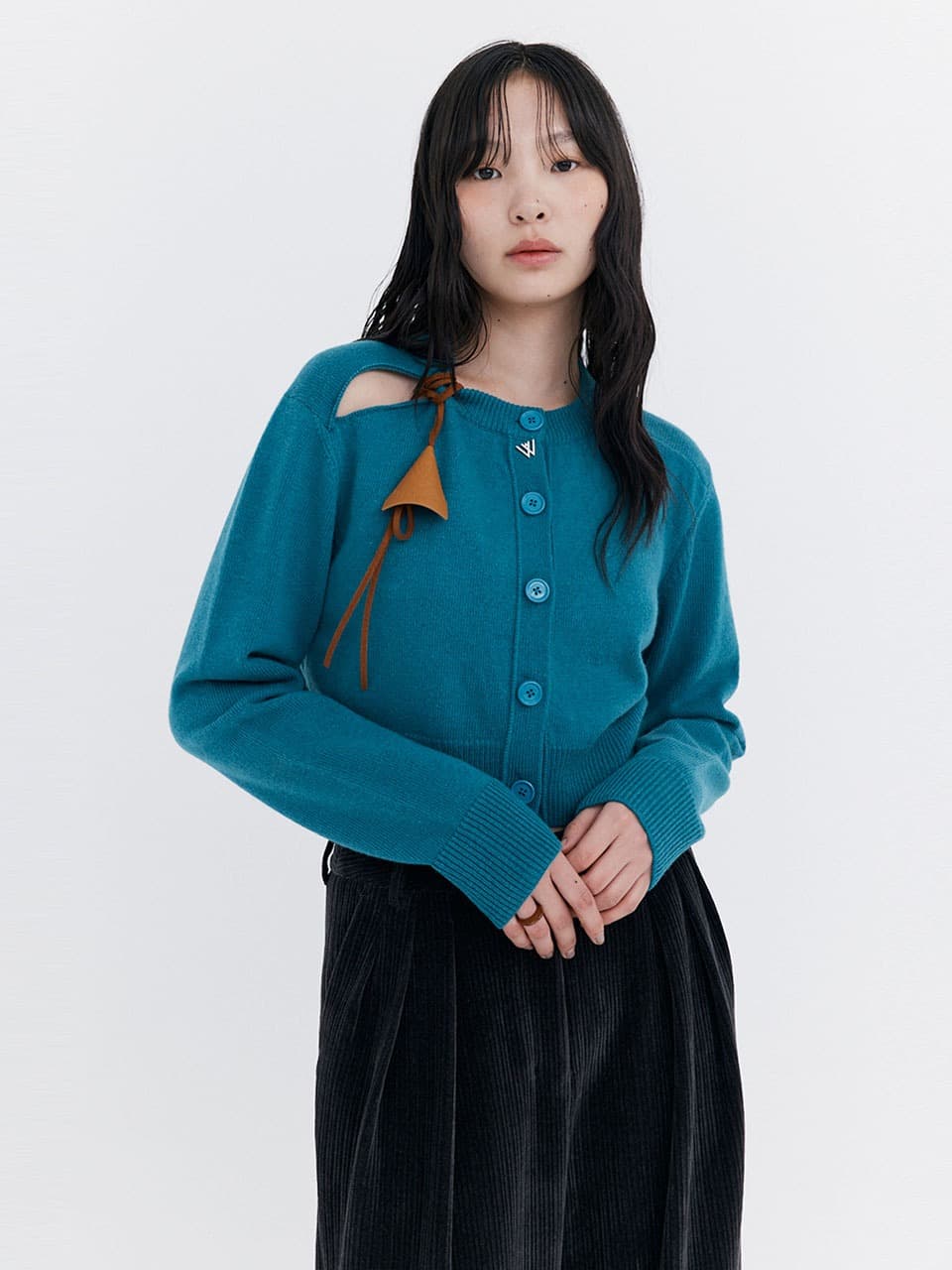 Open Point Crop Knit Cardigan — Turquoise Blue — vue 1